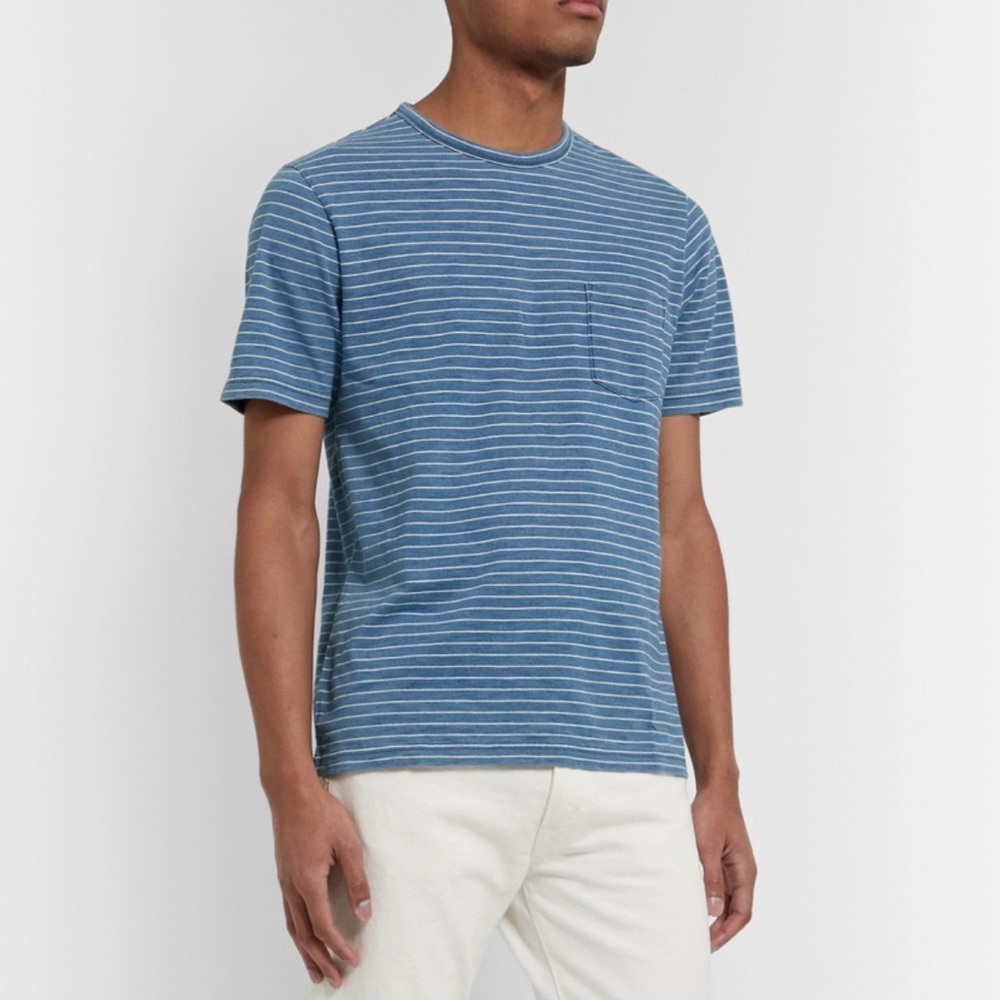 Faherty Shirt Short Sleeve Blue White Striped Jersey Tee Crew Neck Pocket Men L